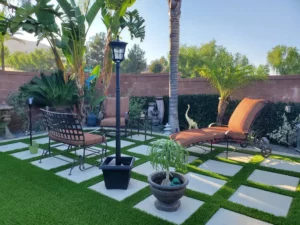 backyard trends - artificial grass and pavers